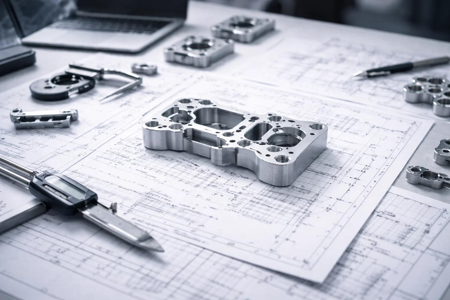 Precision machined component placed on engineering drawing