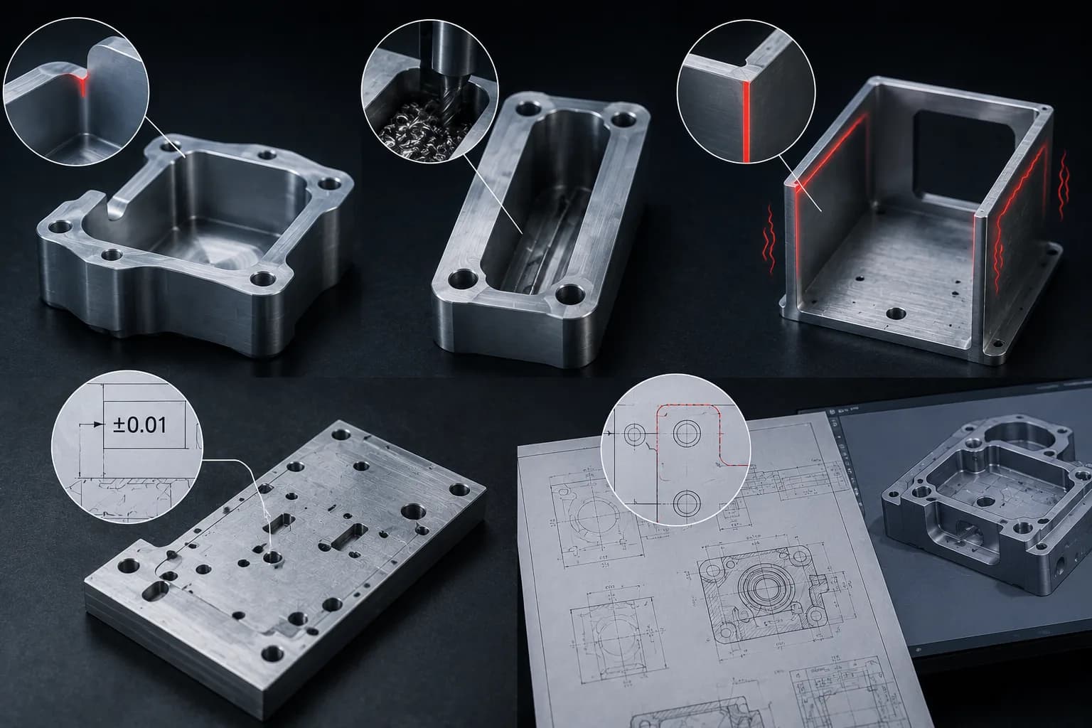 Examples of common DFM issues in CNC parts including small internal radii, deep cavities, thin walls, and excessive tolerances